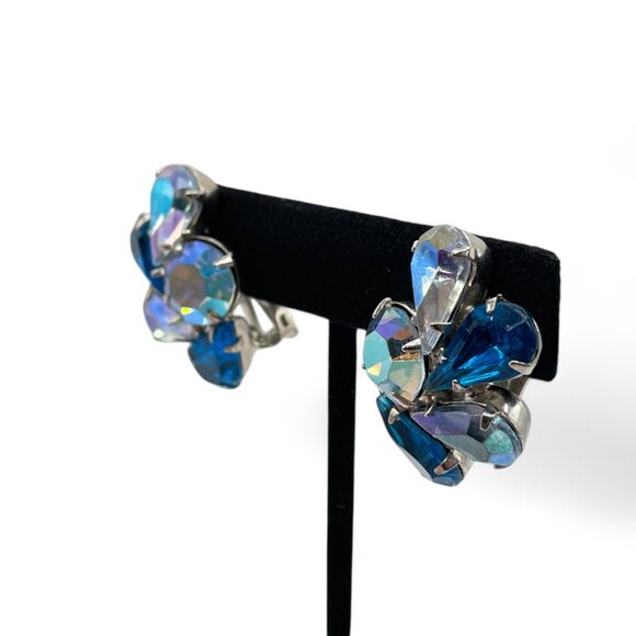 Vintage Blue and AB Rhinestone Clip-On Earrings Large Stones Prong Set Silver - Picture 5 of 10